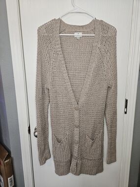 Light Taupe Open-Knit Button Cardigan Sweater